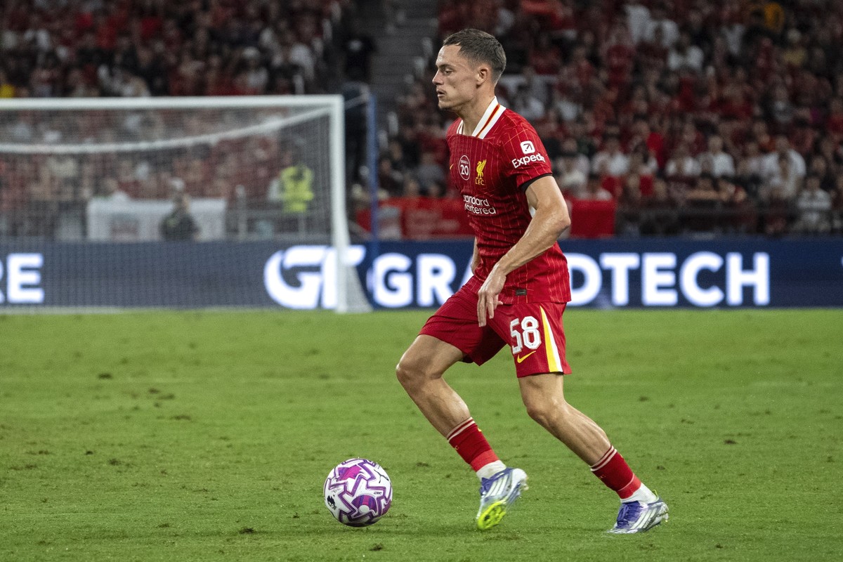 Liverpool's Florian Wirtz in action during a friendly soccer match between AC Milan and Liverpool at the Hong Kong Football Festival held at the Kai Tak Stadium in Hong Kong, Satursday, July 26,  ...
