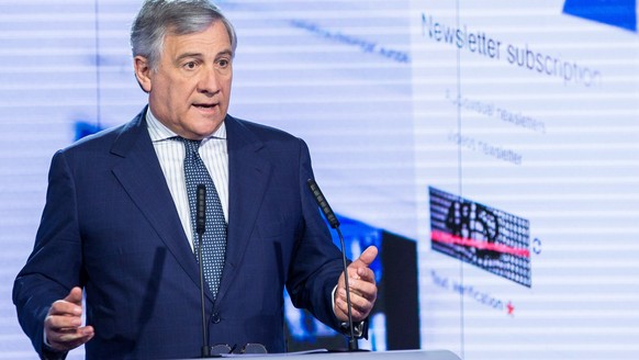 epa06756976 EP President Antonio Tajani gives a speech one year ahead of the European Elections 2019 in Brussels, Belgium, 23 May 2018. The 2019 European elections are expected to take place at the en ...