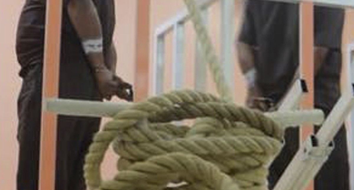EDS NOTE GRAPHIC CONTENT -This photo released by Iraq's Ministry of Justice on Friday, June 29, 2018 shows four men hanging in the gallows in Iraq. The office of the Iraqi prime minister says aut ...
