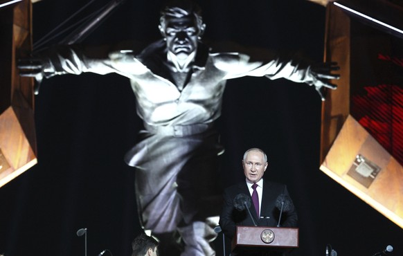 Russian President Vladimir Putin speaks during an event to mark the 80th anniversary of the World War II Battle of Kursk at a memorial in the village of Ponyri, near Kursk, Russia, Wednesday, Aug. 23, ...