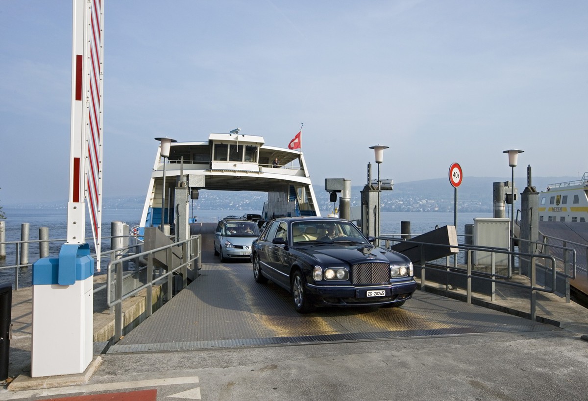 Cars drive off the car deck of the car ferry "Zuerisee" at the landing stage in Meilen in the canton of Zurich, Switzerland, pictured on October 10, 2007. The ferry crosses Lake Zurich and p ...
