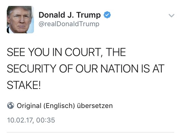 US-Gericht hÃ¤lt an Aufhebung von Trumps Einreiseverboten fest
Haha, und Trump kocht in Caps Lock und will das Gericht vor Gericht bringen. Er hat nicht verstanden, dass das gerade &#039;in court&#039 ...