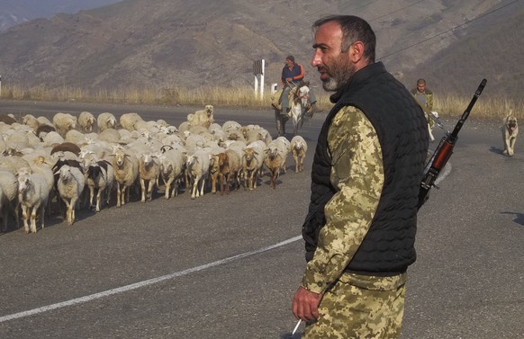 An ethnic Armenian soldier looks at flock of sheep driven away from the front line outside Berdzor, the separatist region of Nagorno-Karabakh, Sunday, Nov. 1, 2020. Fighting over the separatist territ ...