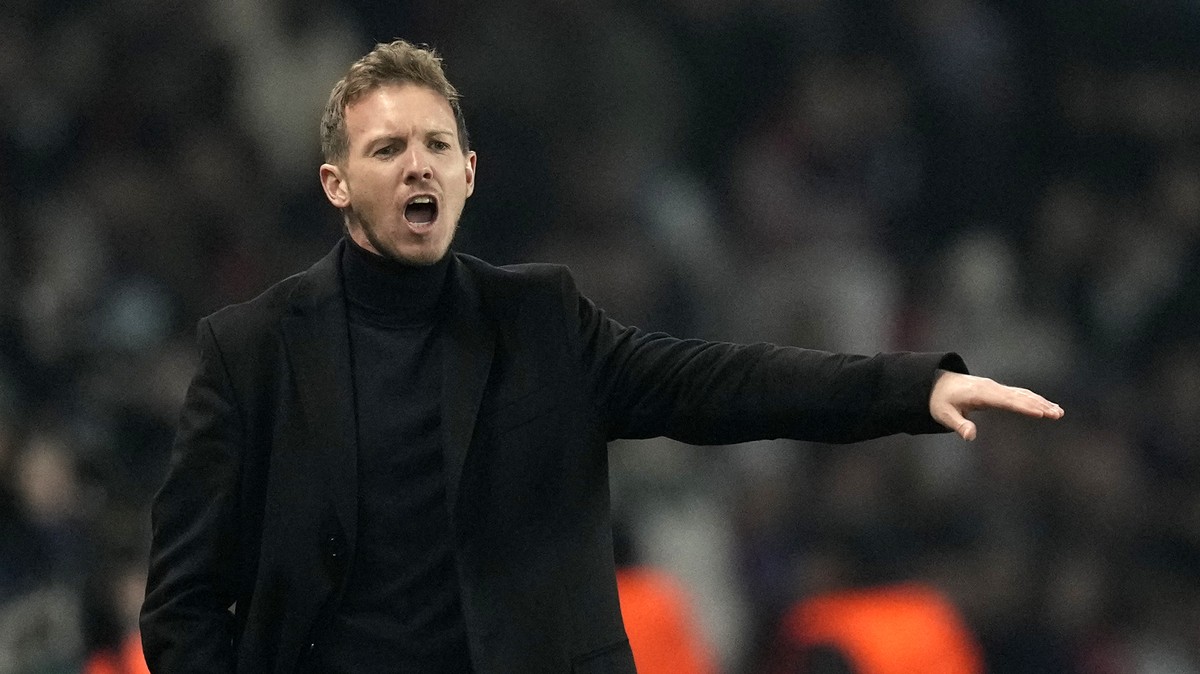 FILE - Then Bayern's head coach Julian Nagelsmann gives instructions to his players during the Champions League round of 16 first leg soccer match between Paris Saint Germain and Bayern Munich, a ...