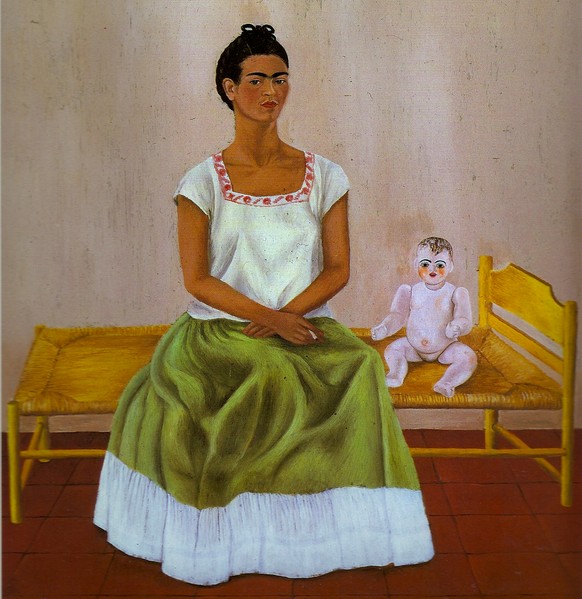 In «Ich und meine Puppe» von 1937 thematisiert Frida ihre Kinderlosigkeit. Ihre Unfruchtbarkeit kommt auch oft im vegetationslosen Hintergrund ihrer Selbstbildnisse zum Ausdruck.