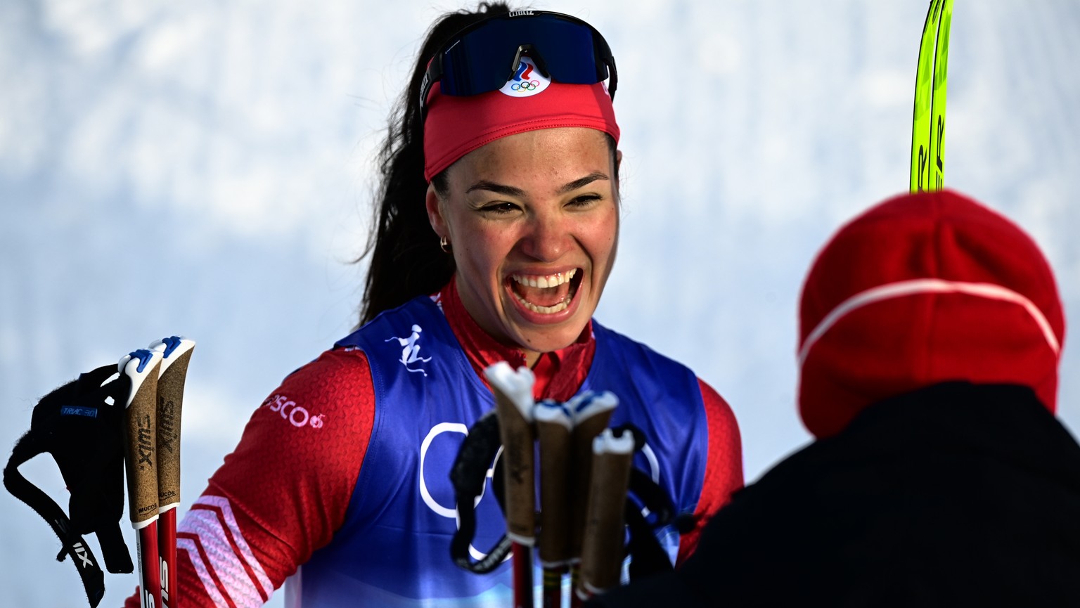 epa09748694 Veronika Stepanova of Russia celebrates winning the Women&#039;s 4x5km Relay race at the Zhangjiakou National Cross-Country Skiing Centre at the Beijing 2022 Olympic Games, Zhangjiakou, Ch ...