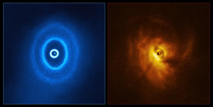 Das ALMA-Bild (l.) zeigt die ringförmige Struktur der Scheibe, wobei der innerste Ring vom Rest der Scheibe getrennt ist. Die Beobachtungen des VLT-Teleskops (r.) erlaubten es den Astronomen zum ersten Mal, den Schatten dieses innersten Rings auf dem Rest der Scheibe sichtbar zu machen.