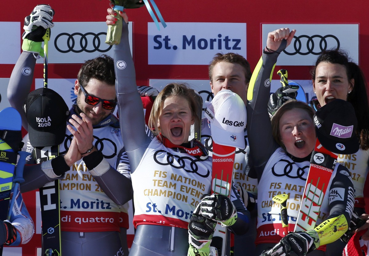 Alpine Skiing - FIS Alpine Skiing World Championships - Alpine Team Event - St. Moritz, Switzerland - 14/2/17 - (L to R) France's Mathieu Faivre, Adeline Baud Mugnier, Alexis Pinturault, Tessa Wo ...