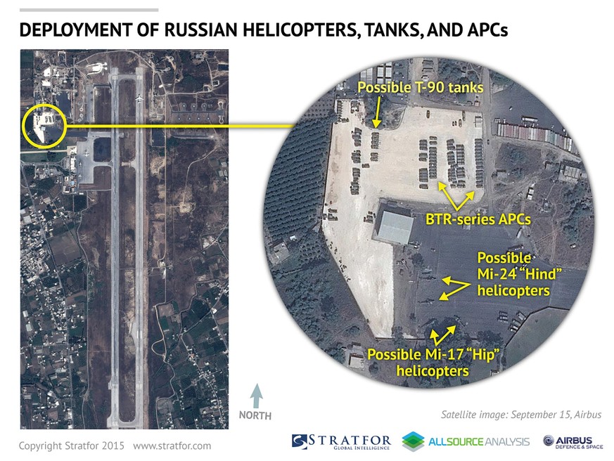 Satellitenaufnahme des Luftwaffenstützpunktes von Latakia vom 15. September. Zu sehen sind u.a. russische Helis vom Typ Mi-17 und Mi-24