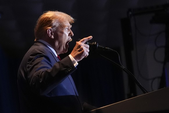 FILE - Republican presidential candidate former President Donald Trump speaks at a primary election night party at the South Carolina State Fairgrounds in Columbia, S.C., Saturday, Feb. 24, 2024. The  ...