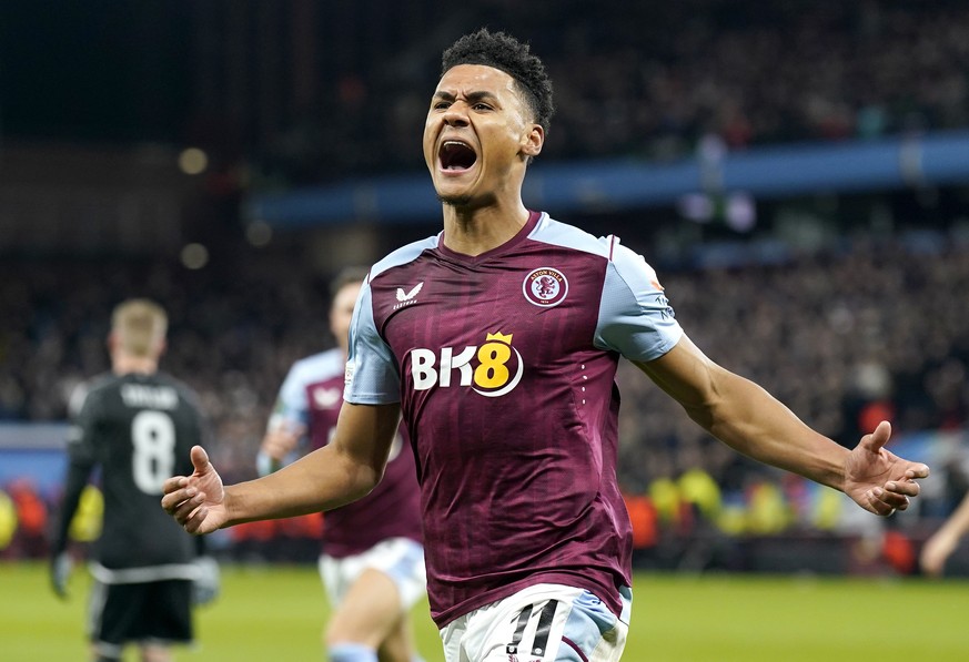 epa11221050 Ollie Watkins of Villa celebrates after scoring the opening goal during the UEFA Europa Conference League Round of 16, second leg soccer match Aston Villa vs Ajax Amsterdam, in Birmingham, ...