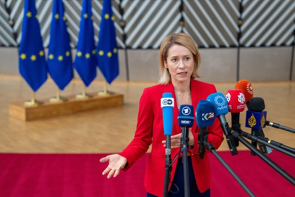 European Union foreign policy chief Kaja Kallas speaks with the media as she arrives for a meeting of EU foreign ministers at the European Council building in Brussels, Monday, May 11, 2026. (AP Photo ...