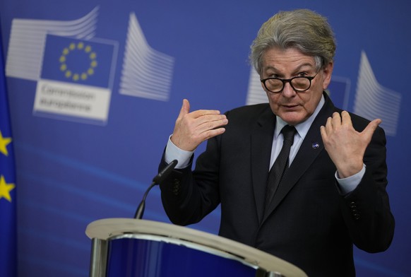 FILE - European Commissioner for Internal Market Thierry Breton speaks during a signature ceremony regarding the Chips Act at EU headquarters in Brussels, on Feb. 8, 2022. Breton warned Elon Musk on W ...