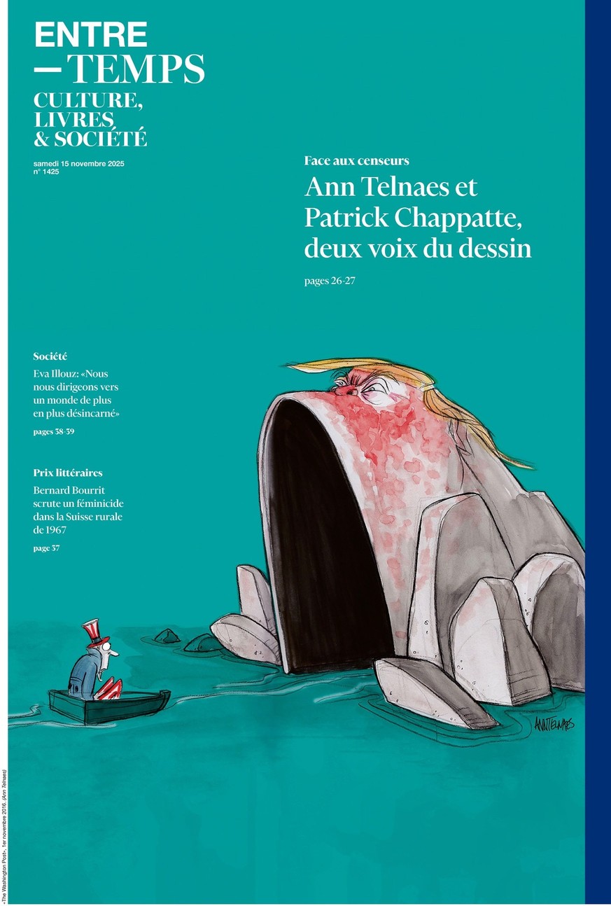 Screenshot «Entre-Temps»-Cover mit Trump-Karikatur (Nov. 2025).