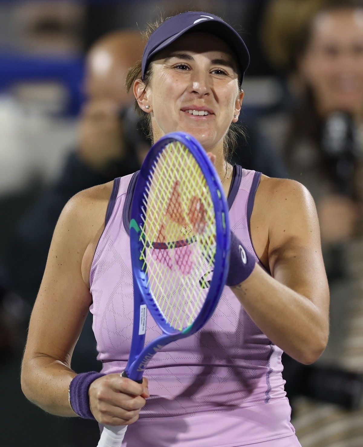 epa11881062 Belinda Bencic of Switzerland reacts after winning her semi final match against Elena Rybakina of Kazakhstan at the WTA Abu Dhabi Open tennis tournament in Abu Dhabi, United Arab Emirates, ...