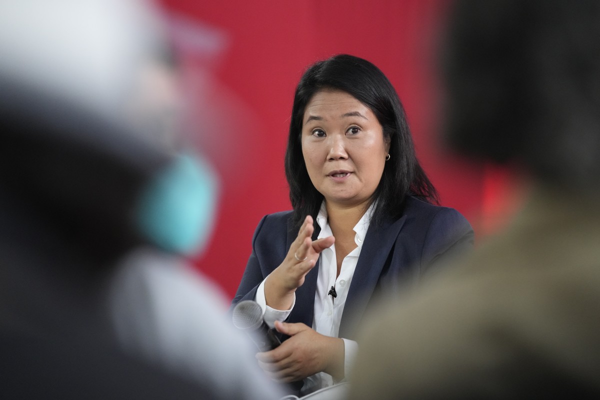 FILE - Presidential candidate Keiko Fujimori speaks at a press conference in Lima, Peru, June 12, 2021. A judge barred Keiko Fujimori from leaving Peru on Wednesday, May 31, 2023, because of an ongoin ...