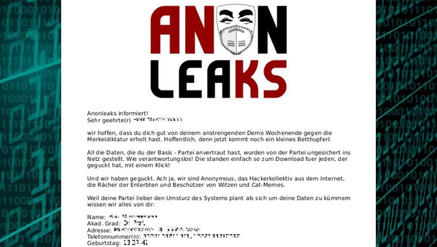 Besuch von Anonymous: Das Hackerkollektiv hat von der Partei «dieBasis» umfangreiche Daten zu den Mitgliedern erlangt.