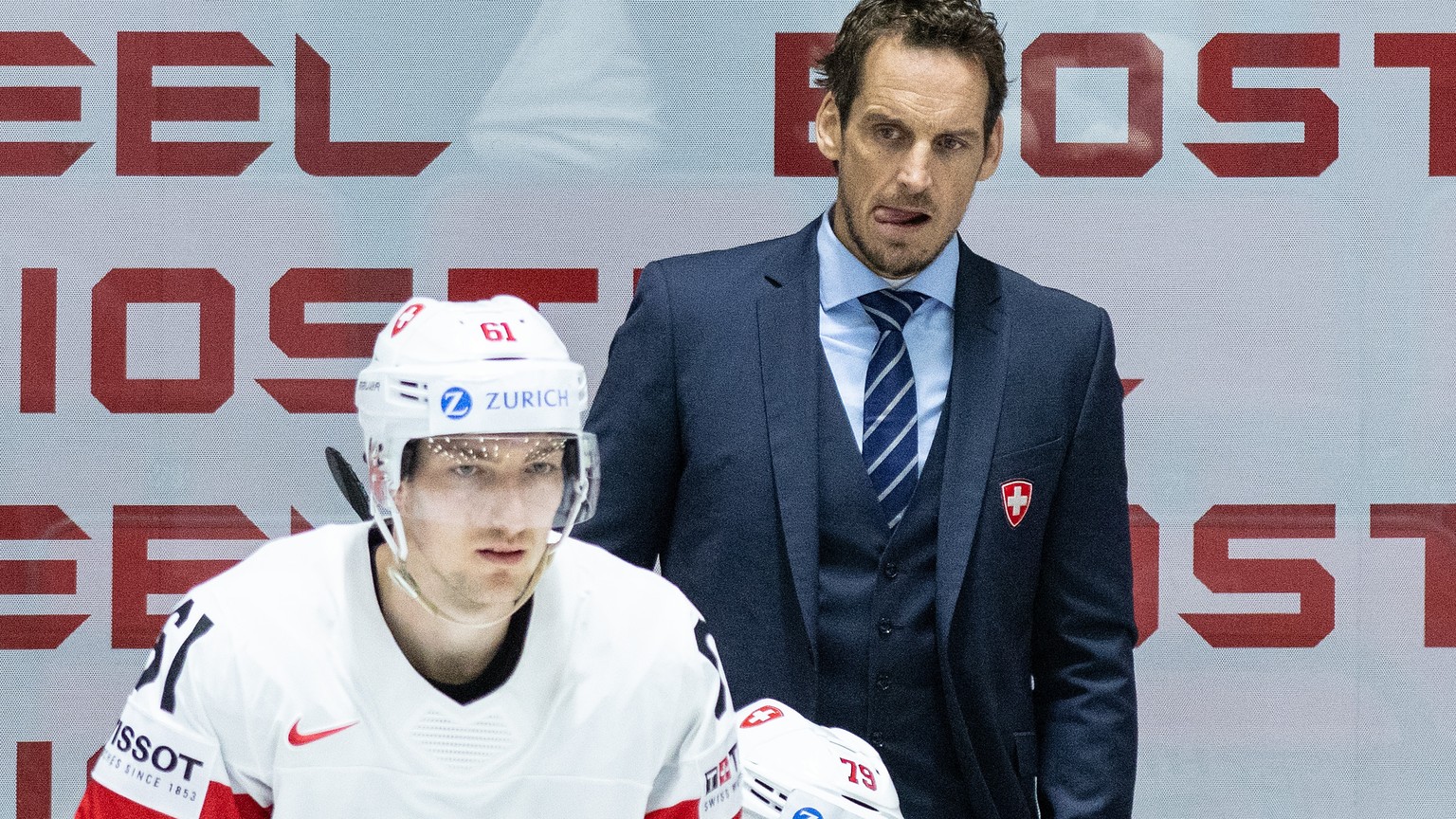 Switzerland&#039;s head coach Patrick Fischer reacts during the Ice Hockey World Championship group A preliminary round match between Switzerland and Denmark in Helsinki at the Ice Hockey Hall, Finlan ...