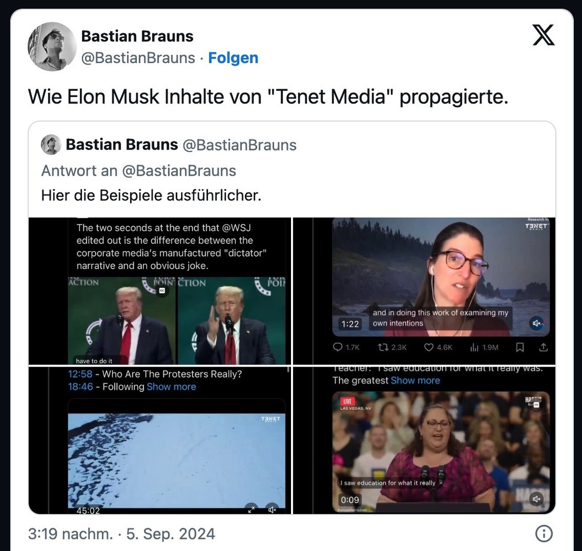 Tweet zu Elon Musk und Tenet Media.