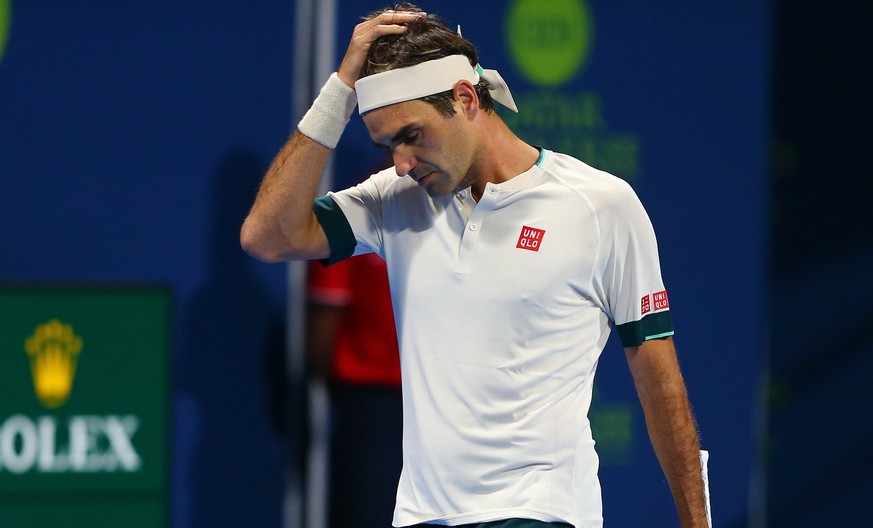 HANDOUT - Switzerland&#039;s Roger Federer during the quarter final match of the Qatar Open tennis tournament against Georgia&#039;s Nikolos Basilaschwili, on Thursday, 11 March 2021, in Doha, Qatar.  ...