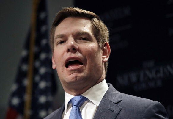 FILE - In this Feb. 25, 2019, file photo, Rep. Eric Swalwell, D-Calif., speaks at a Politics &amp; Eggs event in Manchester, N.H. Swalwell is officially in the running for the 2020 Democratic presiden ...