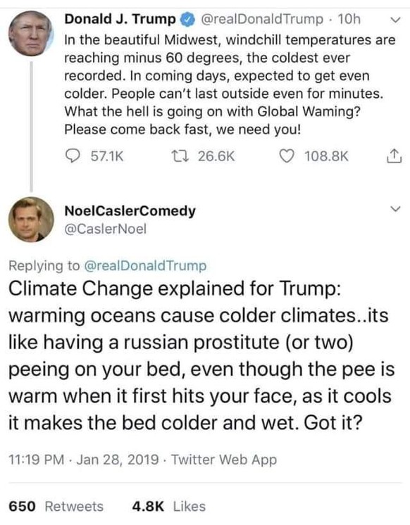 Wieso ist es so kalt, obwohl Klimaerwärmung herrscht? Hier die Antwort (für Trump und Co.)
Für Trump müsste man es eher so erklären😉