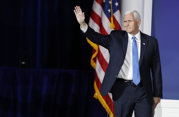 epa10945735 Republican candidate for President, former Vice President Mike Pence speaks during the 2023 Republican Jewish Coalition Annual Leadership Meeting at the Venetian hotel and casino in Las Ve ...