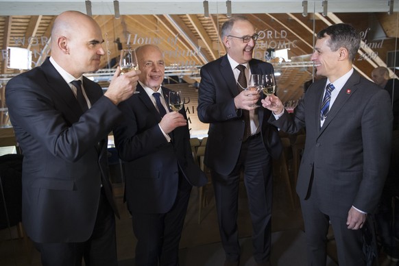 Swiss Federal Councillor Alain Berset, Swiss Federal President Ueli Maurer, Swiss Federal Councillor Guy Parmelin and Swiss Federal Councillor Ignazio Cassis pose during the opening of The House of Sw ...