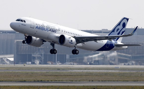 epa07958213 The Airbus A320neo aircraft takes off for its first flight from the airport of Toulouse-Blagnac, southern France, 25 September 2014 (reissued 29 October 2019). According to media reports 2 ...