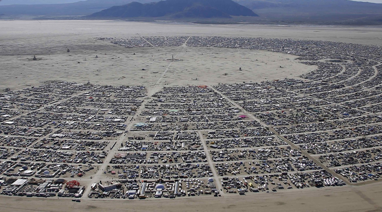 An aerial view during the Burning Man 2014 &quot;Caravansary&quot; arts and music festival in the Black Rock Desert of Nevada August 27, 2014. People from all over the world have gathered at the sold  ...