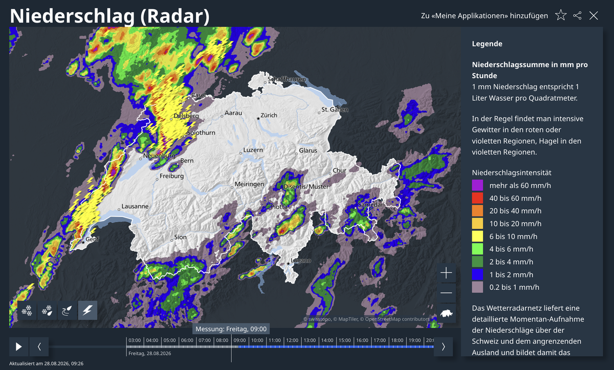Gewitter über der Schweiz am Freitag um 9 Uhr.
