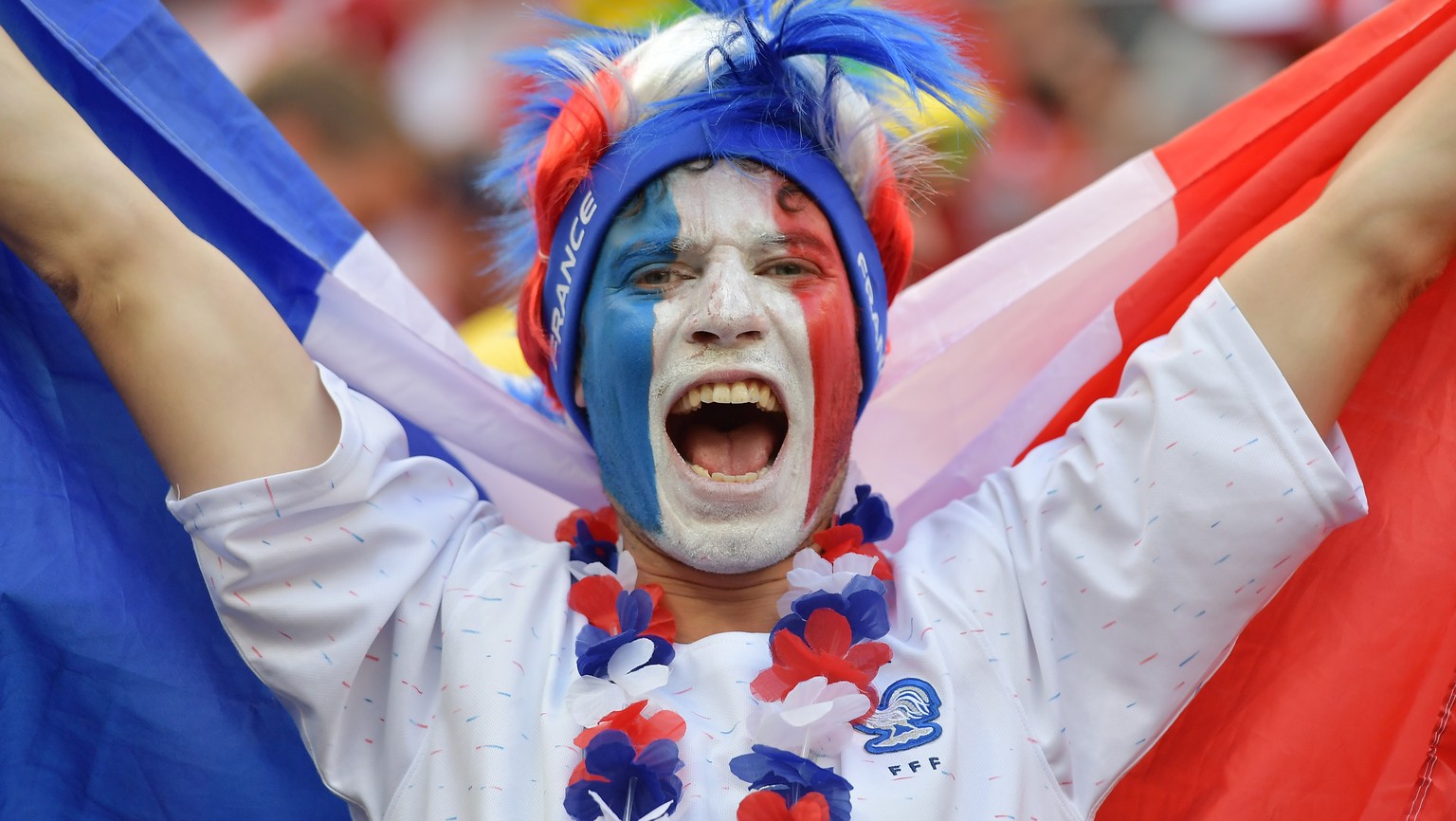 epa06841754 A supporter of France during the FIFA World Cup 2018 group C preliminary round soccer match between Denmark and France in Moscow, Russia, 26 June 2018.

(RESTRICTIONS APPLY: Editorial Us ...