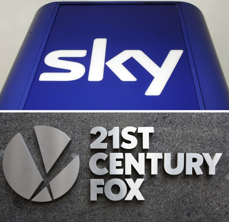 epa06055822 (FILE) - A composite image showing a company sign at the entrance to a Sky television building (up) in Osterley, London, Britain, and the sign at the offices of &#039;21st Century Fox&#039 ...