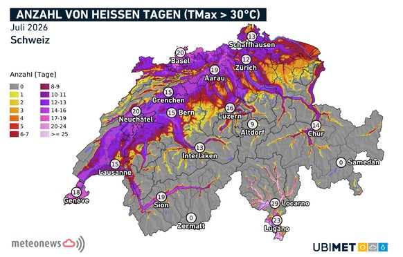 In mehreren Städten und Gemeinden in der Schweiz wurden überdurchschnittlich viele Hitzetage im Monat Juli gemessen.