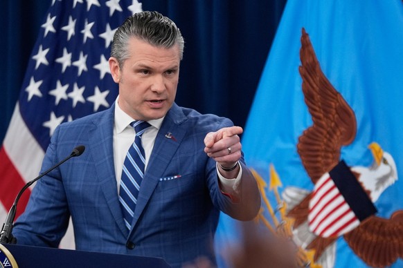 Defense Secretary Pete Hegseth speaks to members of the media during a press briefing at the Pentagon in Washington, Wednesday, April 8, 2026. (AP Photo/Manuel Balce Ceneta)
Pete Hegseth,Dan Caine