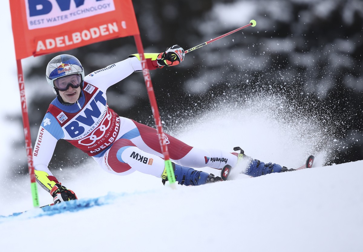 FILE - Switzerland's Marco Odermatt speeds down the course during an alpine ski, men's World Cup Giant slalom, in Adelboden, Switzerland, on Jan. 8, 2022. Looking for the Next Big Thing in A ...