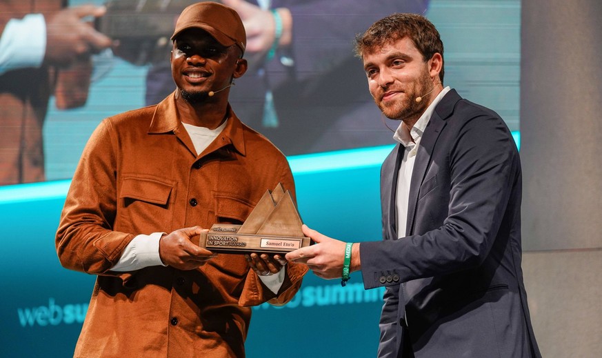 November 2, 2021, Lisbon, Portugal: Samuel Eto o, Footballer and Philanthropist at The Samuel Eto o Foundation L and Fabrizio Romano, Football Journalist R, attend the second day of the Web Summit 202 ...