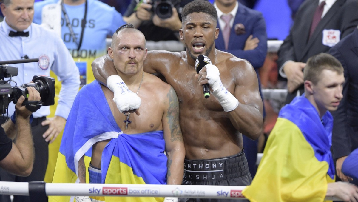 JEDDAH, SAUDI ARABIA - AUGUST 20: Anthony Joshua makes a speech after being defeated by Oleksandr Usyk in the Rage on the Red Sea Heavyweight Title Fight at King Abdullah Sports City Arena on August 2 ...