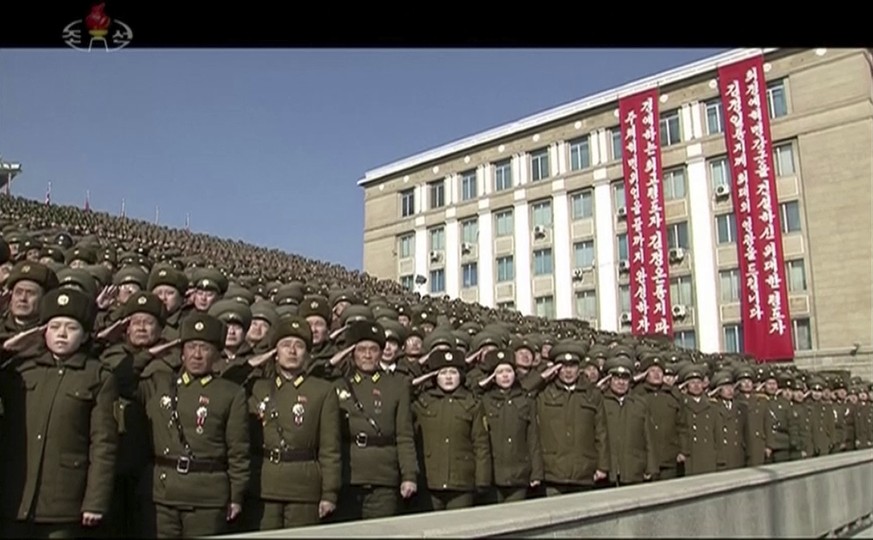 In this image made from video by North Korea&#039;s KRT, North Korean troops salute during a parade in Pyongyang, North Korea Thursday, Feb. 8, 2018. North Korea held a military parade and rally on Ki ...