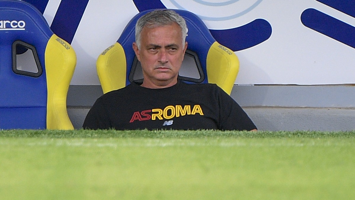 Roma coach Jose Mourinho watches the friendly soccer match between Roma and Debrecen, at the Benito Stirpe stadium in Frosinone, Italy, Sunday, July 25, 2021. (Fabrizio Corradetti/LaPresse via AP)
Jos ...