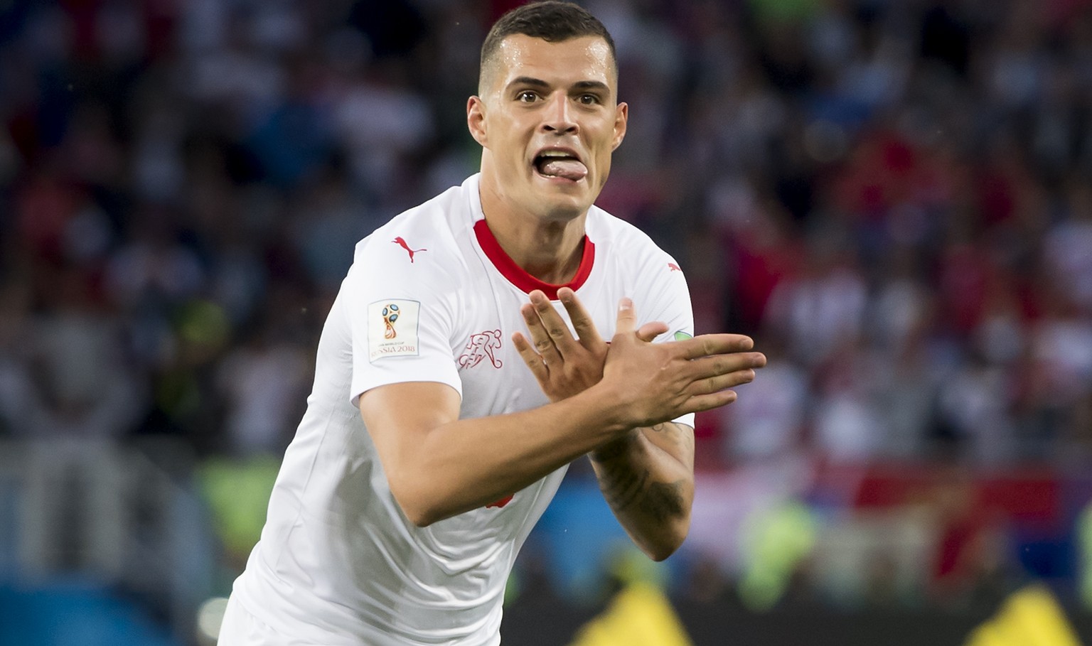 Switzerland's midfielder Granit Xhaka, celebrates after scoring a goal during the FIFA World Cup 2018 group E preliminary round soccer match between Switzerland and Serbia at the Arena Baltika Stadium ...