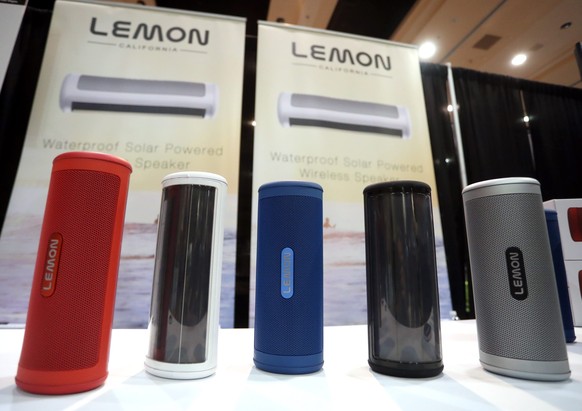 epa05697043 Waterproof Solar powered speakers by US company Lemon are displayed at the 2017 International Consumer Electronics Show (CES) in Las Vegas, Nevada, USA, 03 January 2017. The annual CES, wh ...