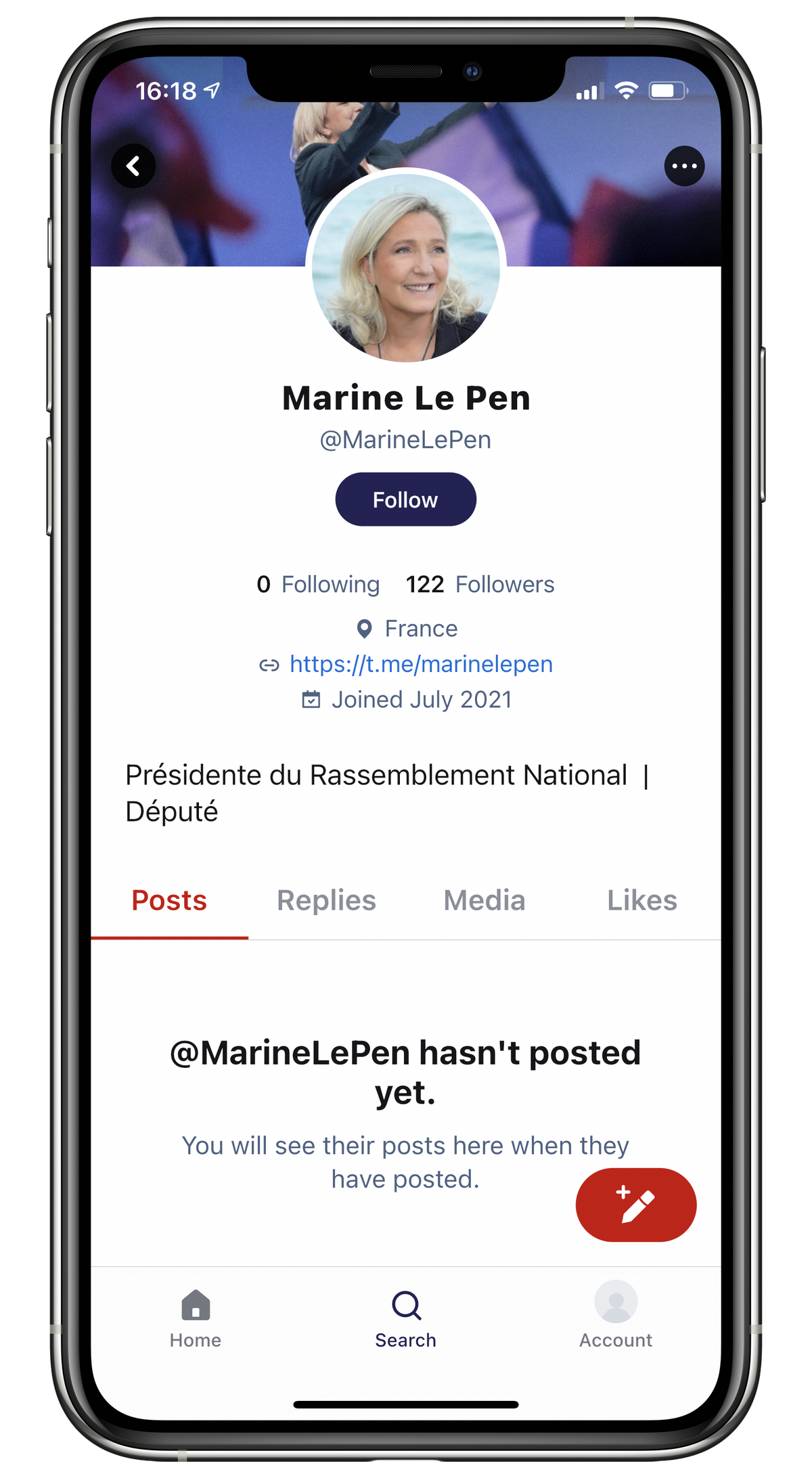 Dass es sich um das Profil der französischen Politikerin der rechtsextremen Partei Rassemblement National handelt, ist fraglich. Es fehlt ein Verifizierungssymbol und auch die kleine Follower-Zahl spr ...