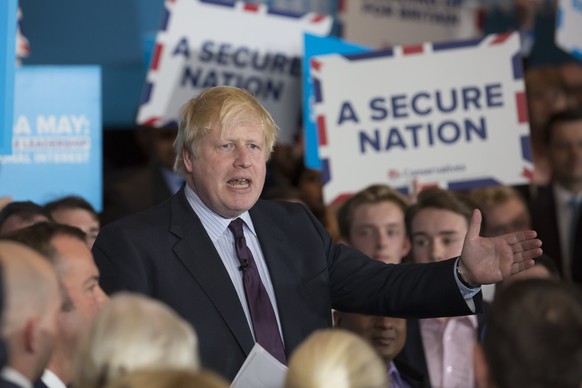 epa06015491 Boris Johnson speaks before Leader of the Conservative Party Theresa May addresses supporters at a Conservative campaign event for the British General Election, at the National Conference  ...