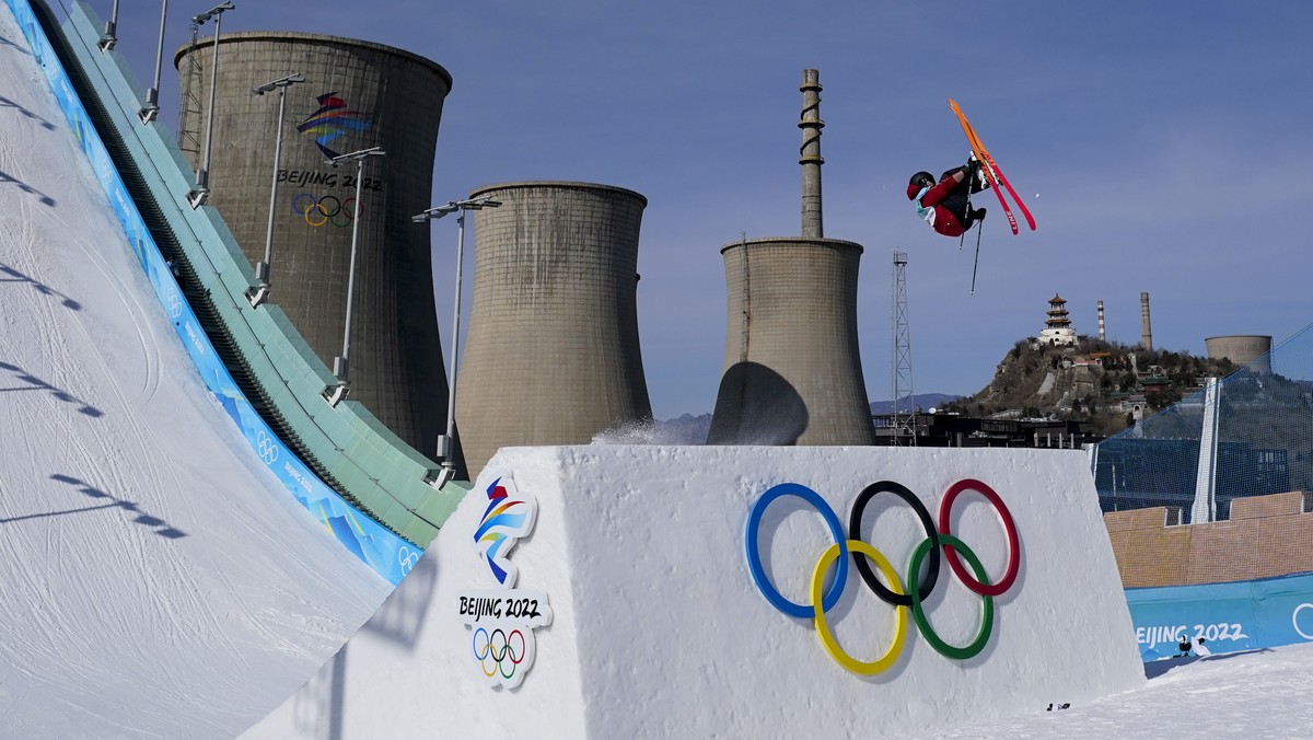 Britain's James Woods trains for the men's freestyle skiing big air competition at the 2022 Winter Olympics, Sunday, Feb. 6, 2022, in Beijing. (AP Photo/Jae C. Hong)