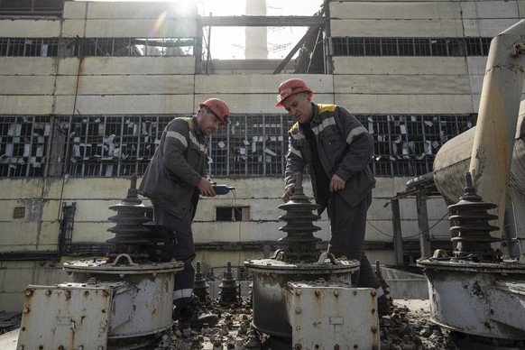 Workers check a transformer which was damaged by a Russian missile attack at DTEK&#039;s power plant in Ukraine, on Monday, April 1, 2024. Russia is attacking Ukraine?s energy sector with renewed inte ...