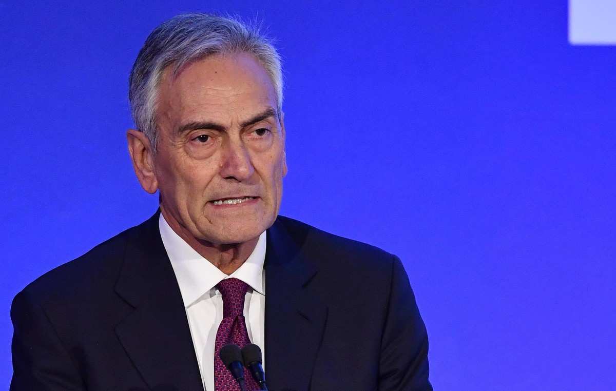 FILE - In this Jan. 29, 2018 file photo Gabriele Gravina speaks during a meeting to elect the new president of the Italian soccer federation (FIGC) in Rome. On Wednesday, a regional appeals court over ...