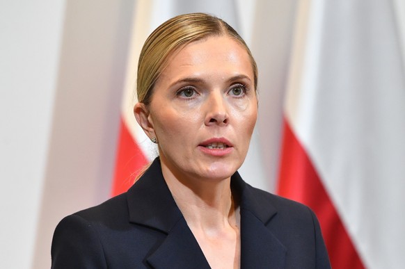 epa10825157 Lithuanian Interior Minister Agne Bilotaite attends a press conference after meeting with Baltic States Interior Ministers at the Polish Interior Ministry headquarters in Warsaw, Poland, 2 ...