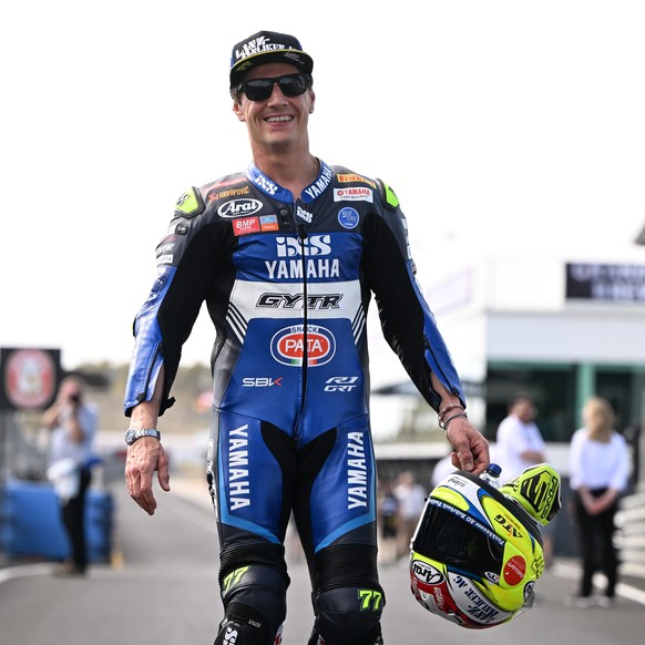 epa11171416 Swiss rider Dominique Aegerter of GYTR GRT Yamaha WorldSBK Team arrives for a group photo ahead of the Superbike World Championship on Phillip Island, Australia 22 February 2024. EPA/JOEL  ...