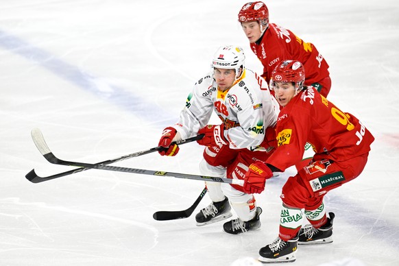 Tigers Patrick Petrini, rechts, und Tigers Joel Salzgeber, hinten, im Kampf um den Puck gegen Biels Luca Christen, links, beim Eishockey-Qualifikationsspiel der National League, zwischen den SCL Tiger ...
